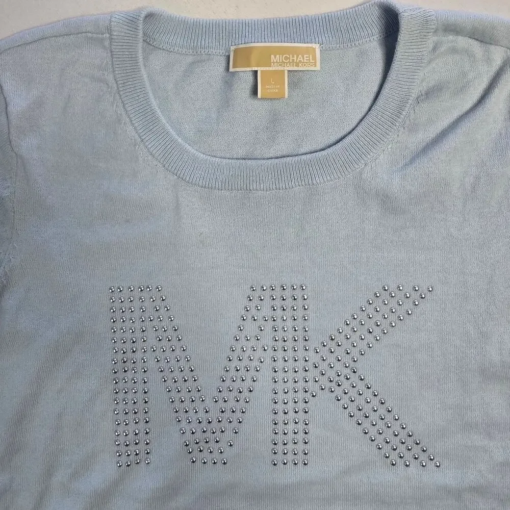 Michael Kors Blue Short Sleeves Sweater Studded Logo Size L
